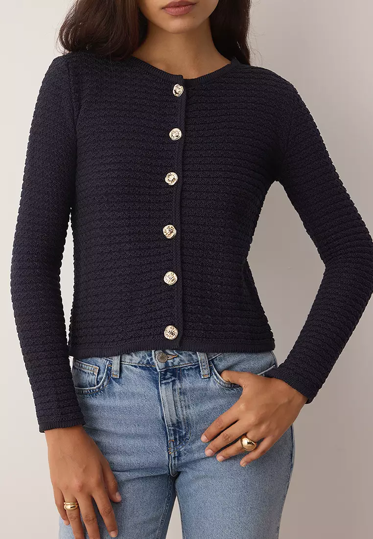 Navy Blue Textured Cotton Look Knitwear Cardigan Twoaw26Hi00186