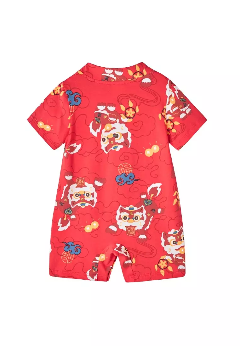 現貨 農曆新年紅色醒獅嬰兒男童唐装連身衣 新加坡外出服