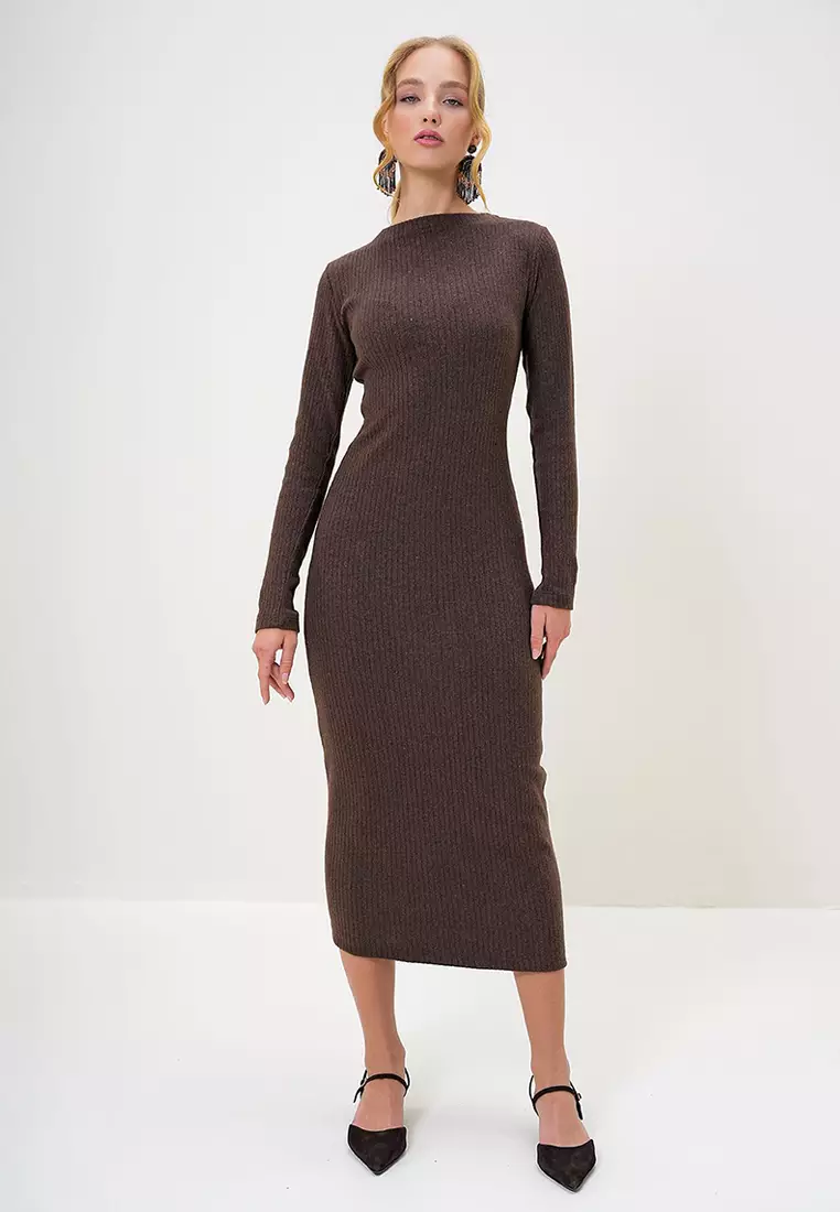 Crew Neck Long Sleeve Interlock Fabric Midi Length Dress
