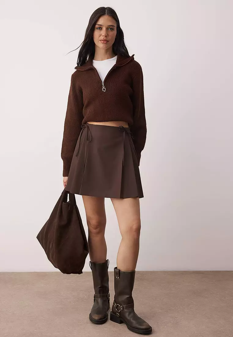 Brown Pleated And Ribbon Detailed Mini Length Woven Skirt Tedaw25Et12