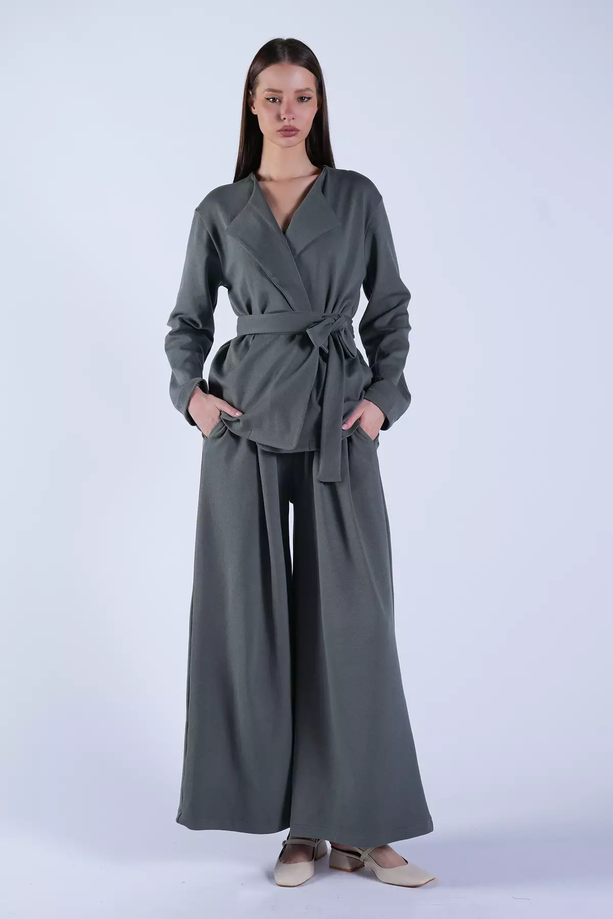 Women'S Khaki Self-Belted Long Jacket And Double-Pocket Trousers Set Alc-X15042