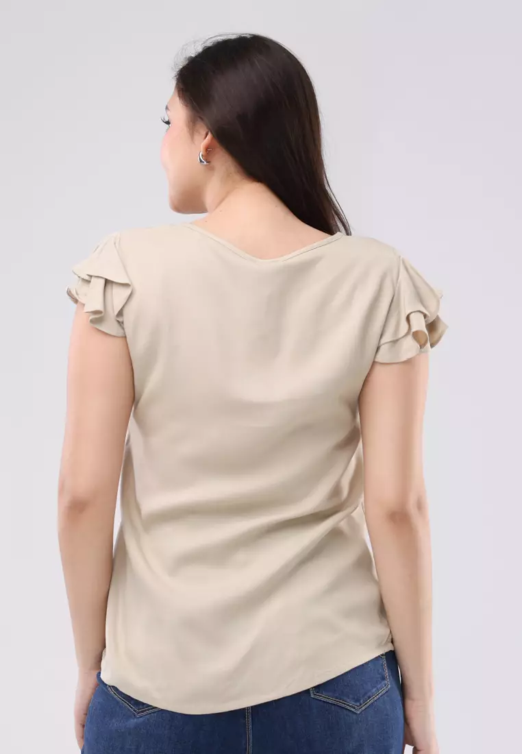 Plain Single Bold Twill Short Sleeves Blouse