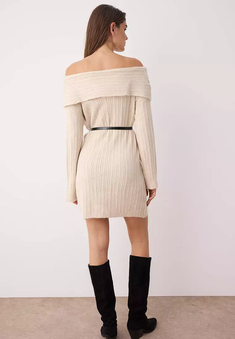 Stone Plain Mini Soft Texture Carmen Collar Knit Dress