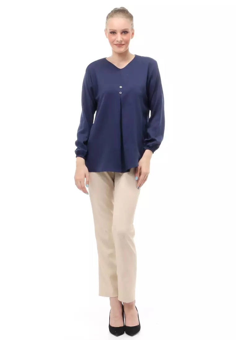 Mitzi Blouse Wanita Kerah V-neck Motif Solid Aksen Kancing Design Casual - Navy