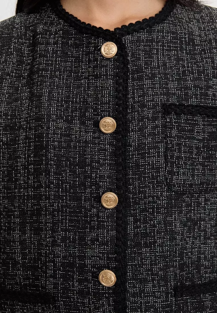 Tweed Contrast Trim Jacket - Black