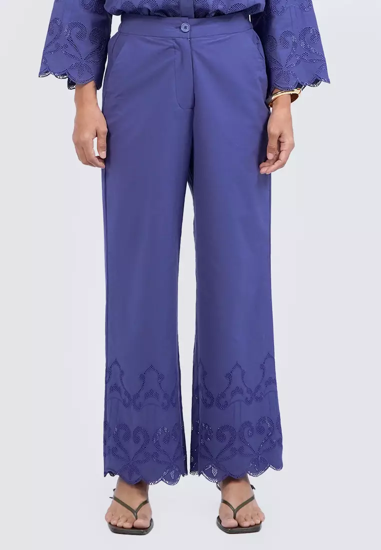 Embroidered Pants with Scallop Hem NAVY