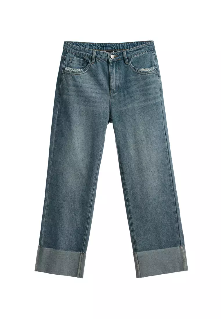 Straight Cut Jeans With Fold Up Cuffs