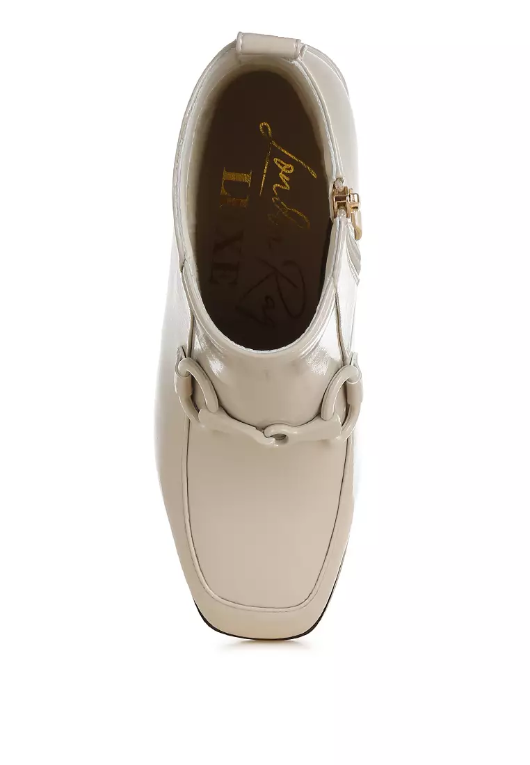 米色紋理粗跟踝靴