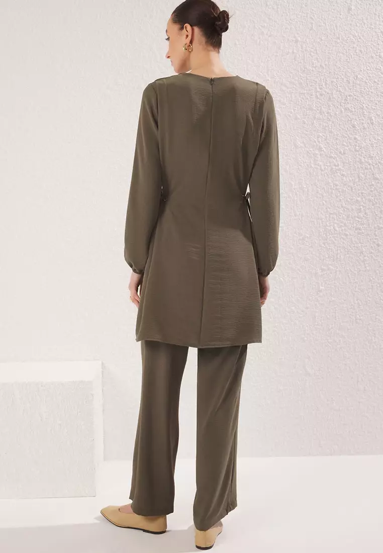 Dark Khaki Eyelet Tie Detail Aerobin Tunic-Pants Set  TCTAW22US0092