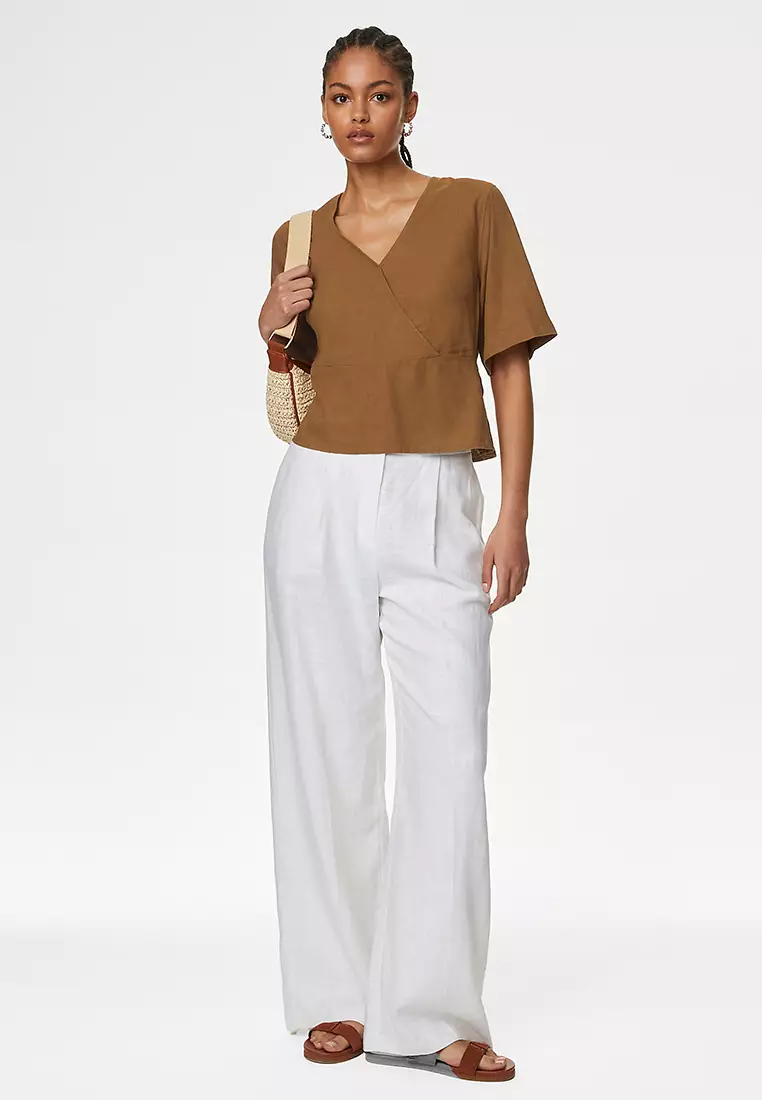 Linen Rich V Neck Kimono Sleeve Blouse