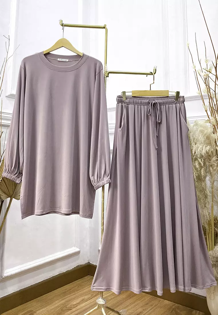 JV Hasanah Oneset Skirt Jersey Baju Kurung Lilac - Setelan Rok Jersey Baju Kurung Jumbo