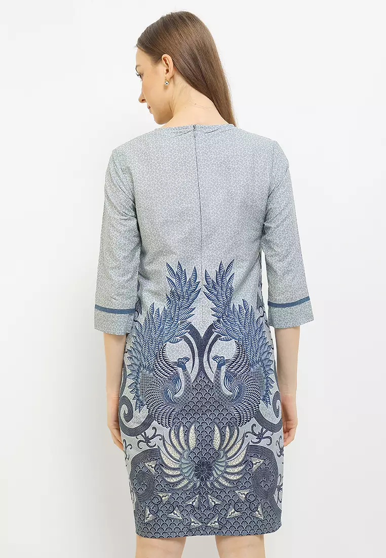 Dress Tunik Batik Wanita Furing Lining Zikia New Grey Lengan 7/8