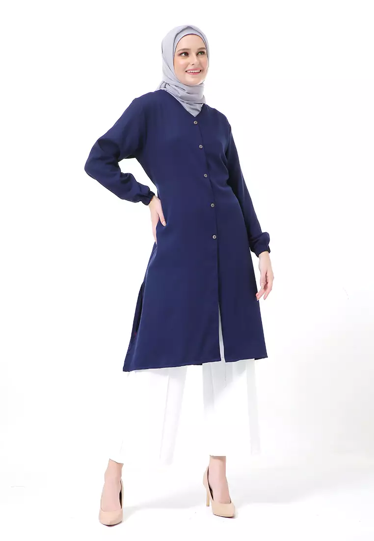 Indira Long Tunik Muslimah Atasan Wanita Long Sleeve Casual Premium Quality - Navy