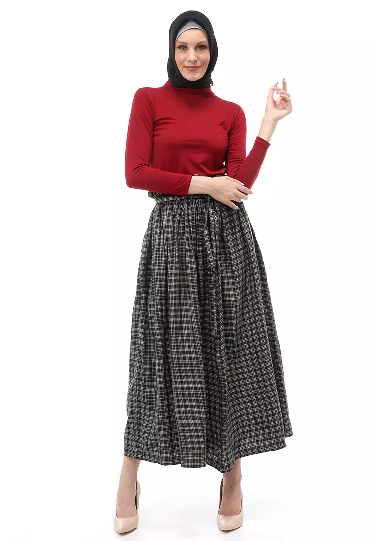Amel Long Skirt Bawahan Wanita Motif Kotak-Kotak Regular Fit - Black