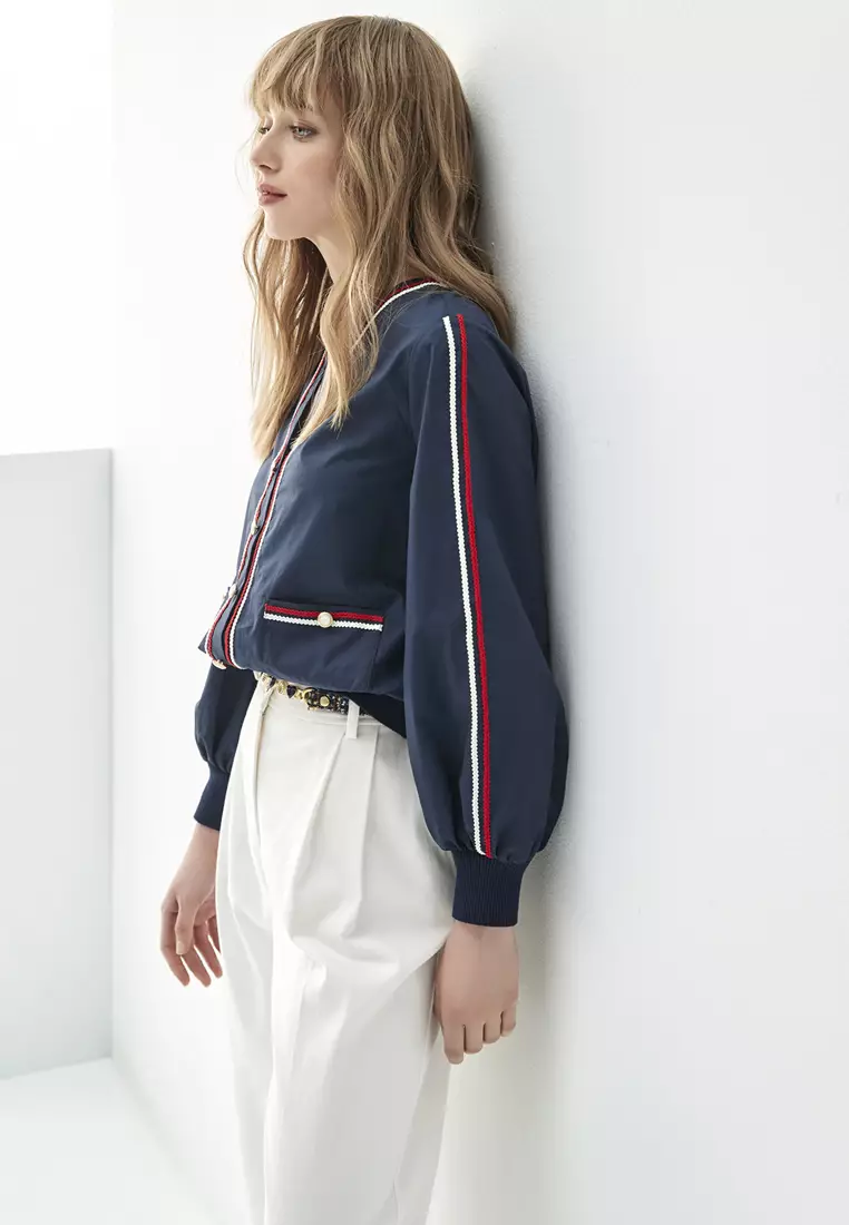 V-Neck Top With Red White Contrast Trim Detail