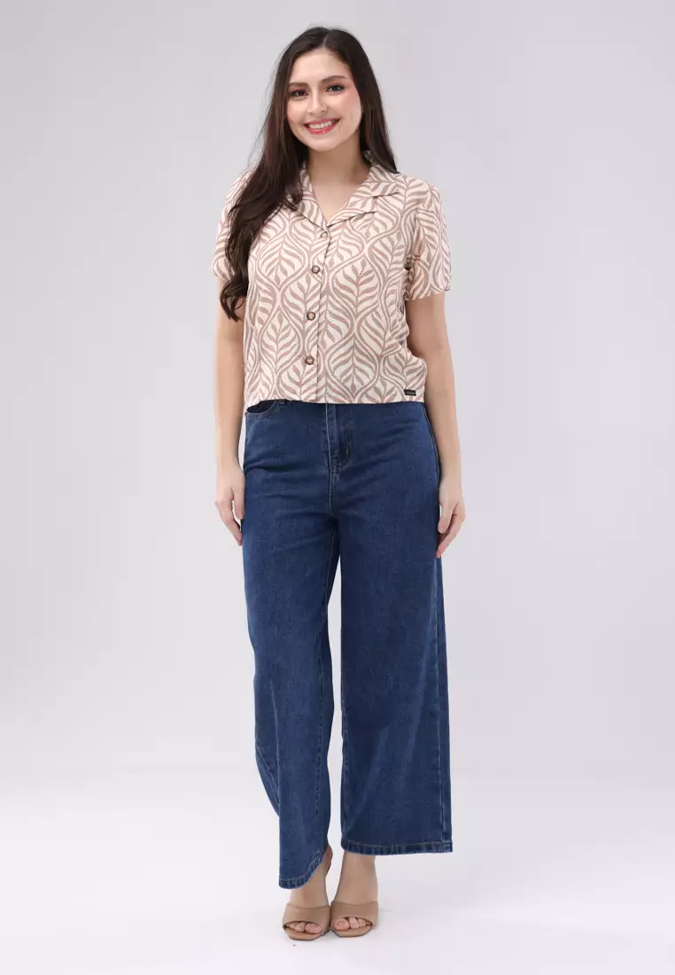 Printed Cotton Slub Woven Short Sleeves Blouse