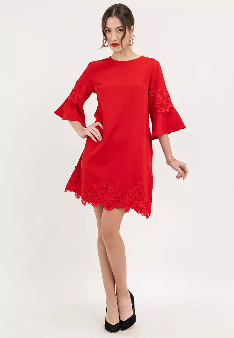 Caran Flounce Sleeves Dress with Lace