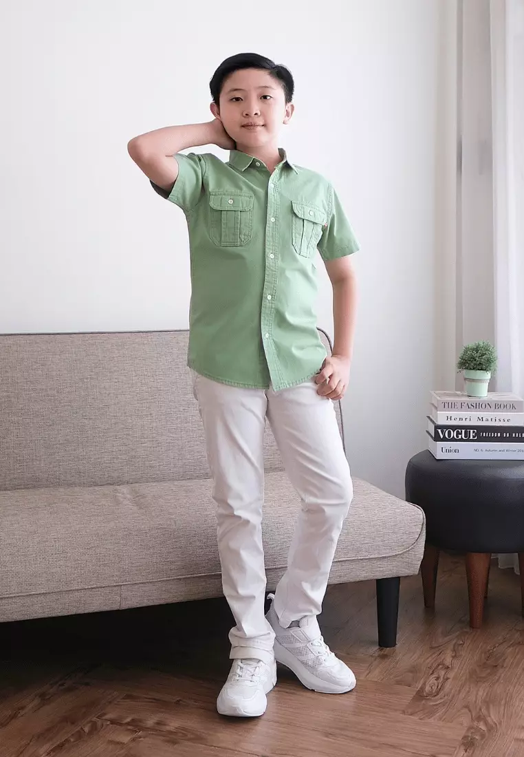 POLICE Kemeja Polos Cotton Kantong Dua Anak Laki Laki