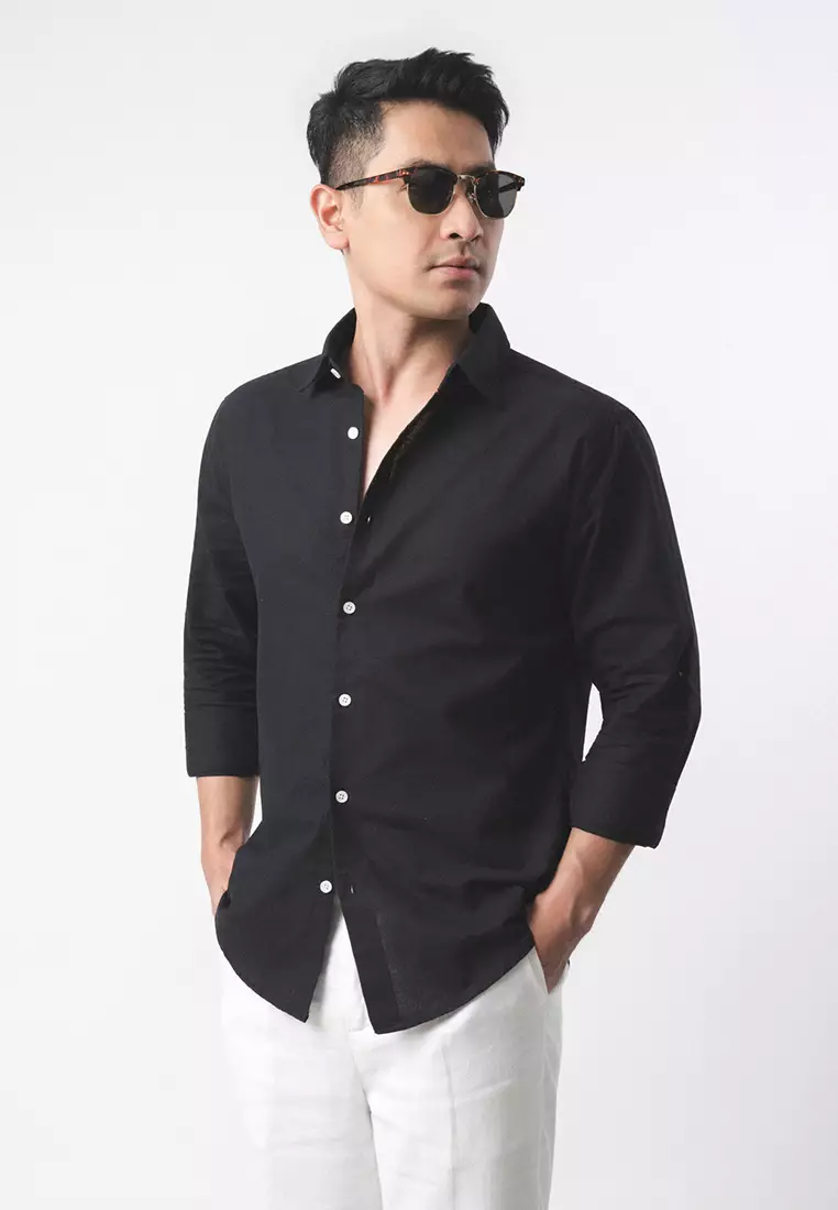 Linen Blend Slim Fit Shirt - Black LS