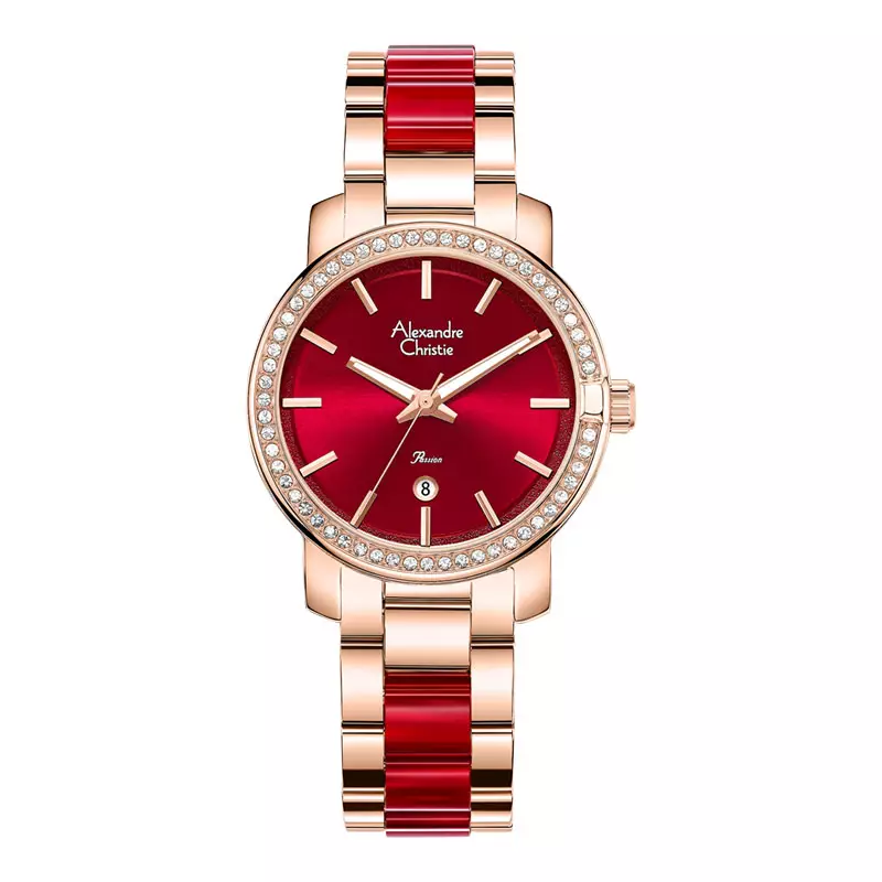 Jam Tangan Wanita Alexandre Christie Passion AC 2B23 LD BRGRERE Ladies Red Dial Dual Tone St Steel Acetate Strap