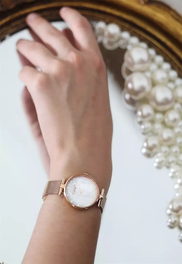 Pearl 30mm 女士手表 天然珍珠手表 玫瑰金不鏽鋼編織表帶 黃銅表殼-玫瑰金色