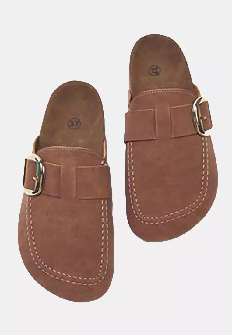 Light Brown Closed Front Belt Buckle Square Toe Flat Women's Sabo Slippers Takss25Te00000