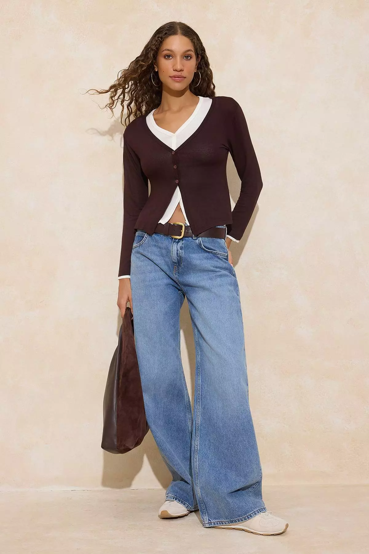 Brown 2-Piece Set Fitted/Slim Fit V-Neck Buttoned Soft Knitted Blouse Twoss26Bz173