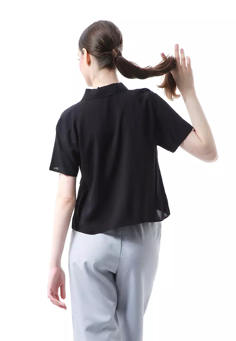 Melinda Kemeja Crop Top Atasan Wanita Motif Polos Relaxed Fit - Hitam