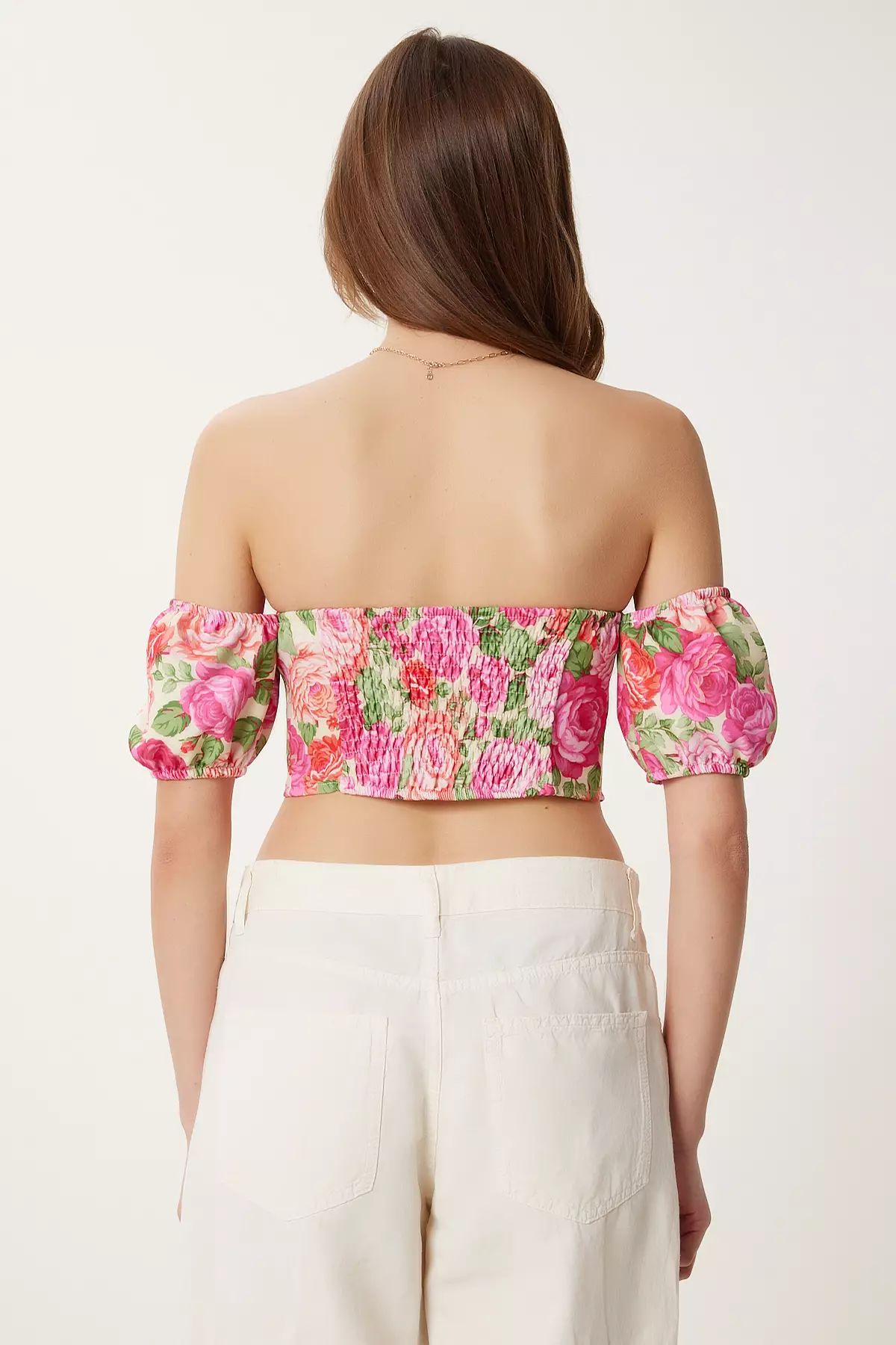 Women's Pink Yellow Patterned Crop Viscose Blouse Cr00510