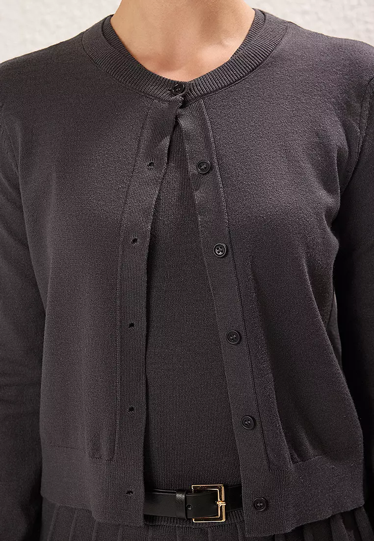 Crew Neck Belted Mini Dress With Cardigan
