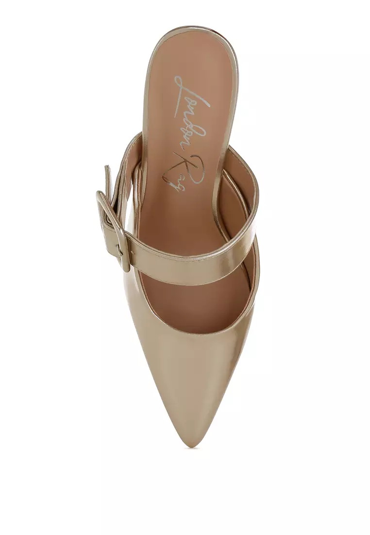 Large Buckle Kitten Heel Mules In Gold