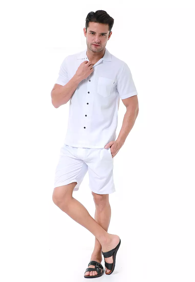 Deon Piyama Pria Plain Motive Kemeja One Set Lengan Pendek Material Cotton ORIGINAL - White