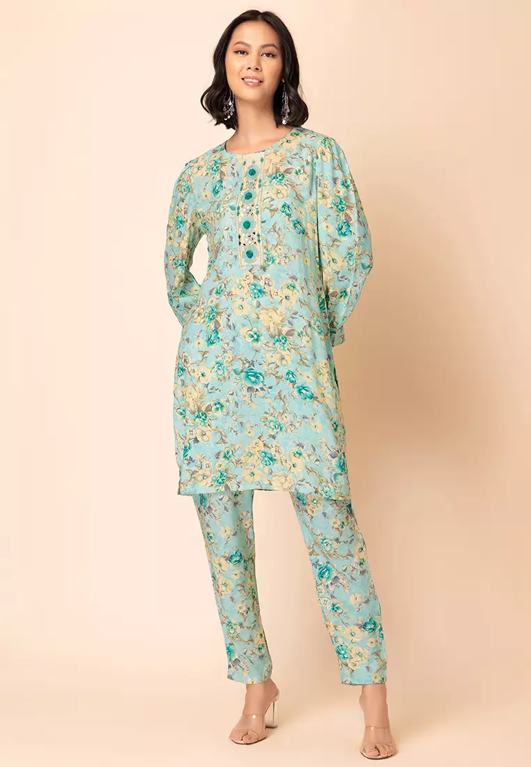 Light Blue Floral Jaal Print Rayon Kurta And Printed Pants (Set of 2)