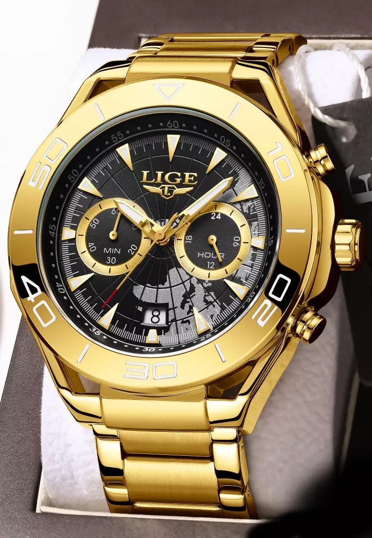 Chronograph Unisex IP Gold Color Stainless Steel Quartz Watch, 48mm, stainless steel bracelet