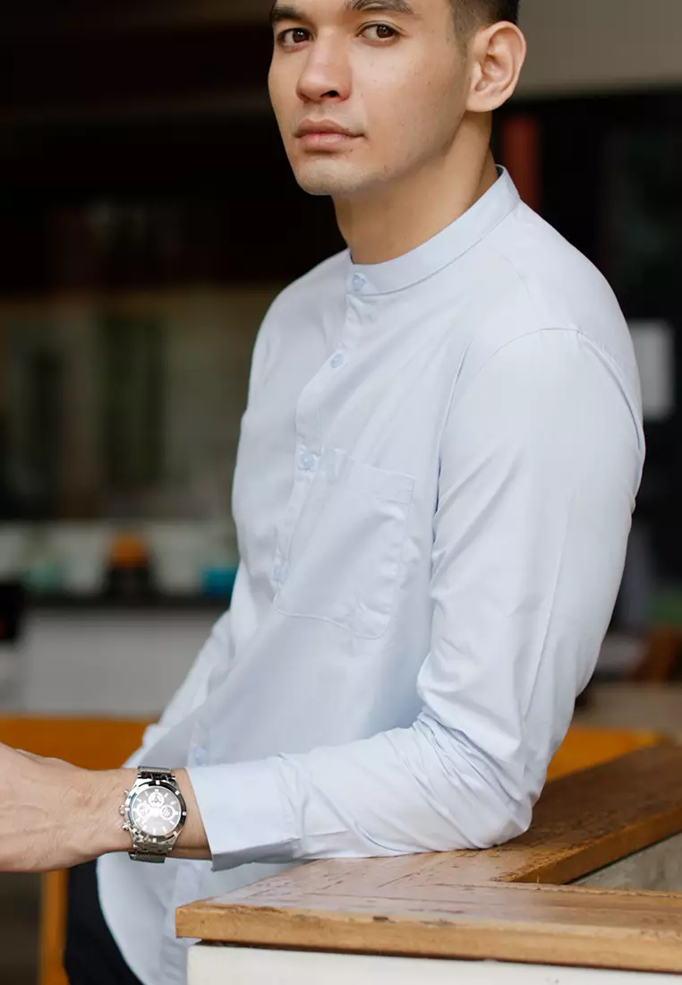 Oxcon Collarless Long Sleeve Business Shirt soft cotton Light Blue