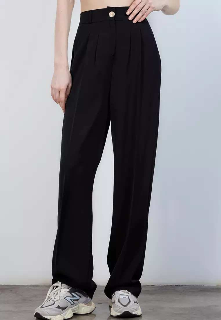 Black High Waist Wide Leg Woven Trousers Twoaw26Pl161