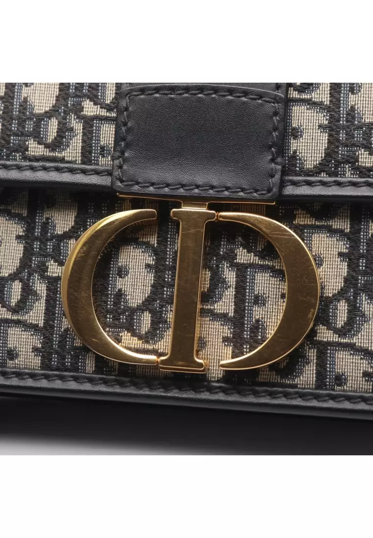 Pre-Loved Christian Dior 30 MONTAIGNE Montaigne oblique jacquard chain shoulder bag canvas leather light beige Navy black