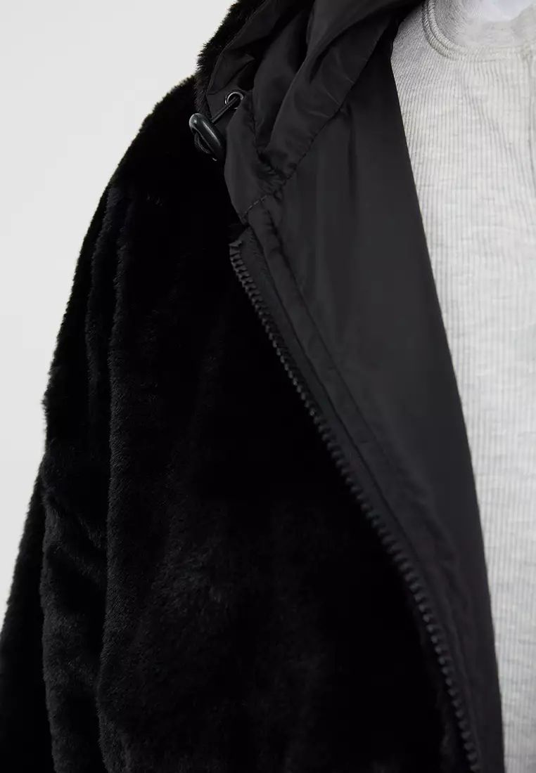 Unisex Black Plush Double-Sided Hooded Winter Coat TMNAW25MO00012