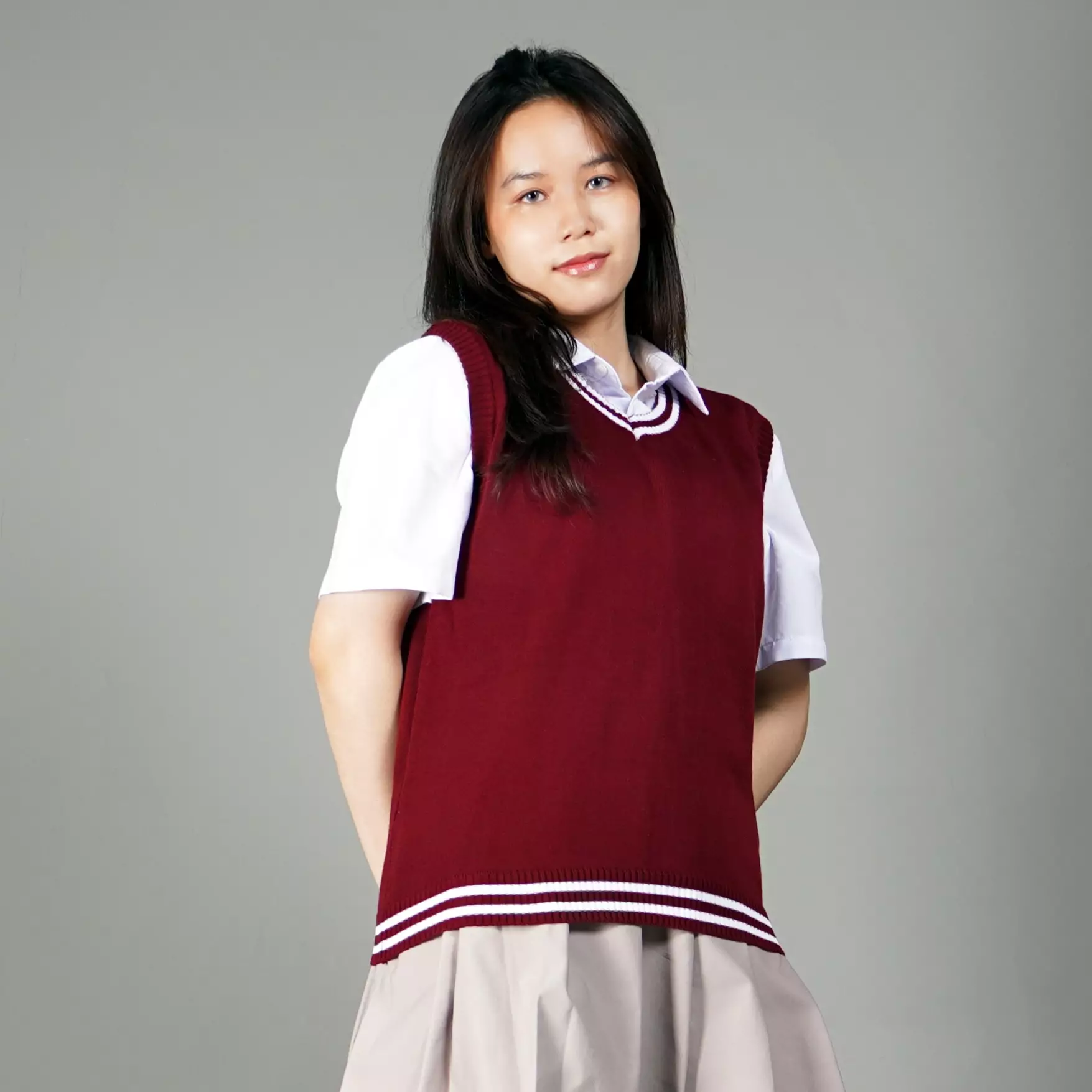 VICKY Rompi Rajut Rompi Gaya Korea Knit Vest List Putih Rompi Seragam - MARUN