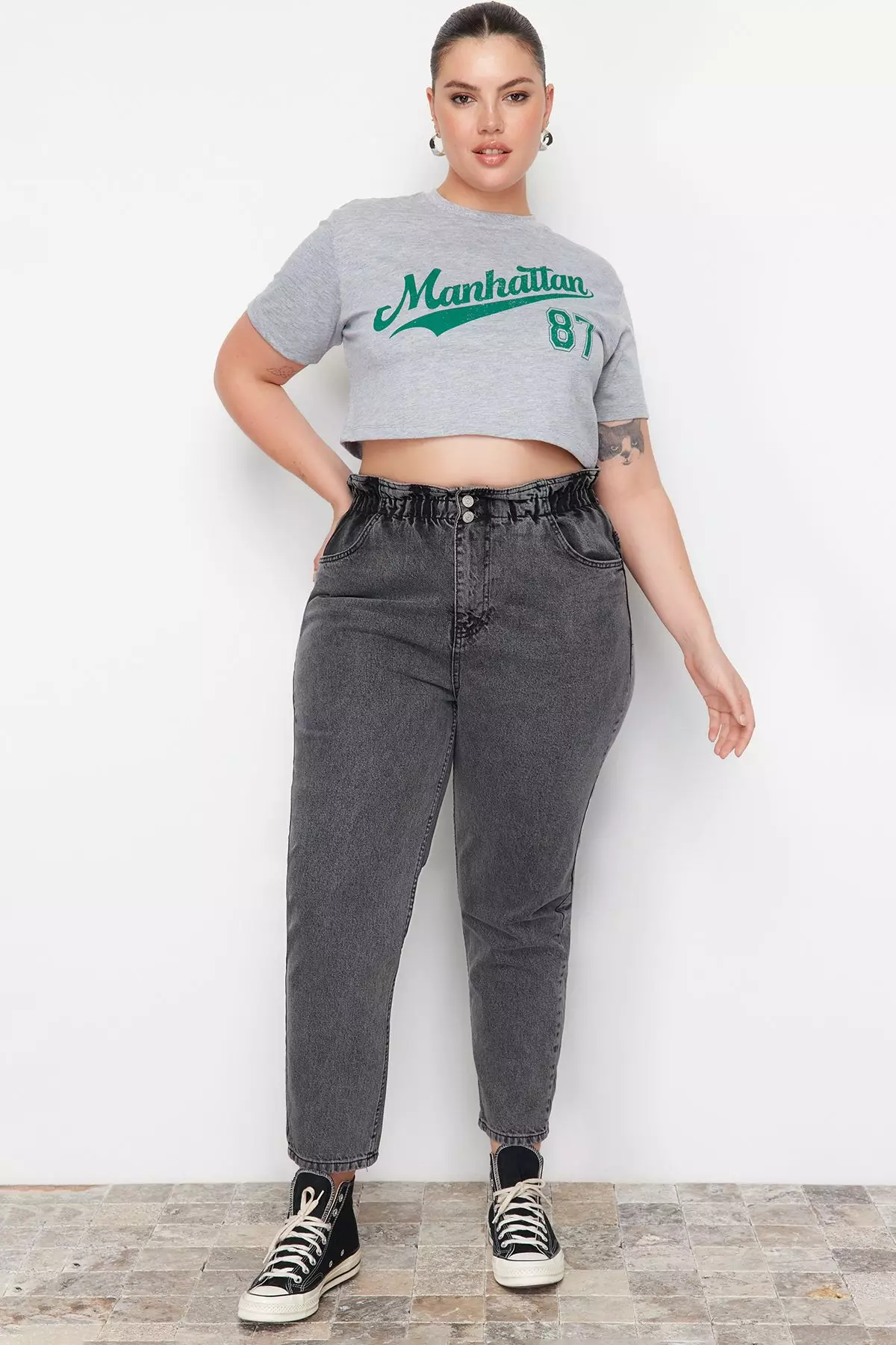 Gray High Waist Elastic Waist Mom Jeans TBBAW23JE00002