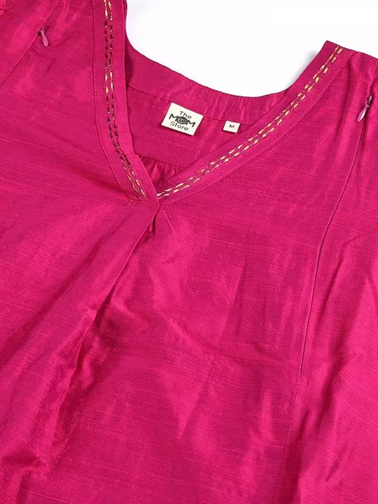 Embroidered Maternity Silk Kurta Set with Nursing - Magenta