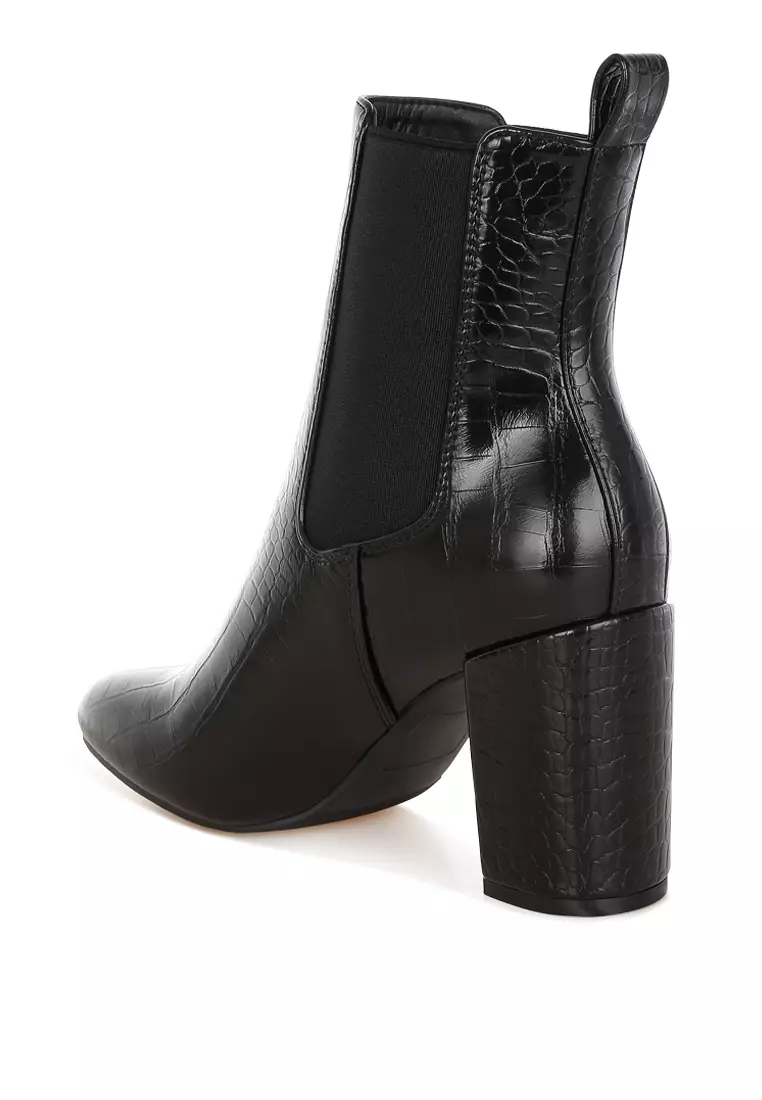 Black Croc Textured Block Heeled Chelsea Boot