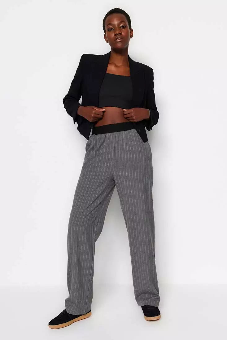 Trendyol Gray Elastic Waist Detail Wide Leg Striped Woven Trousers 2024, Buy Trendyol Online