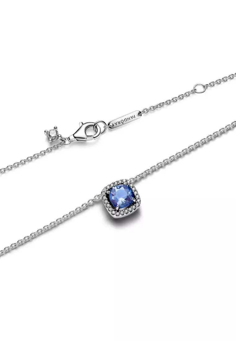 Sparkling Square Blue Halo Pendant Necklace