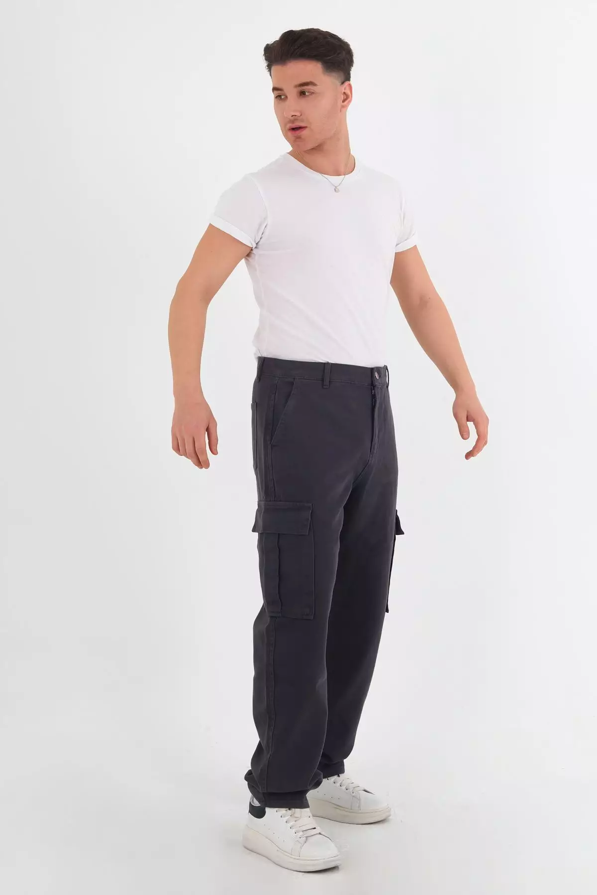 Anthracite Cargo Pocket Gabardine Baggy/Loose Cut 100% Cotton Casual Trousers TMNSS24PL00021