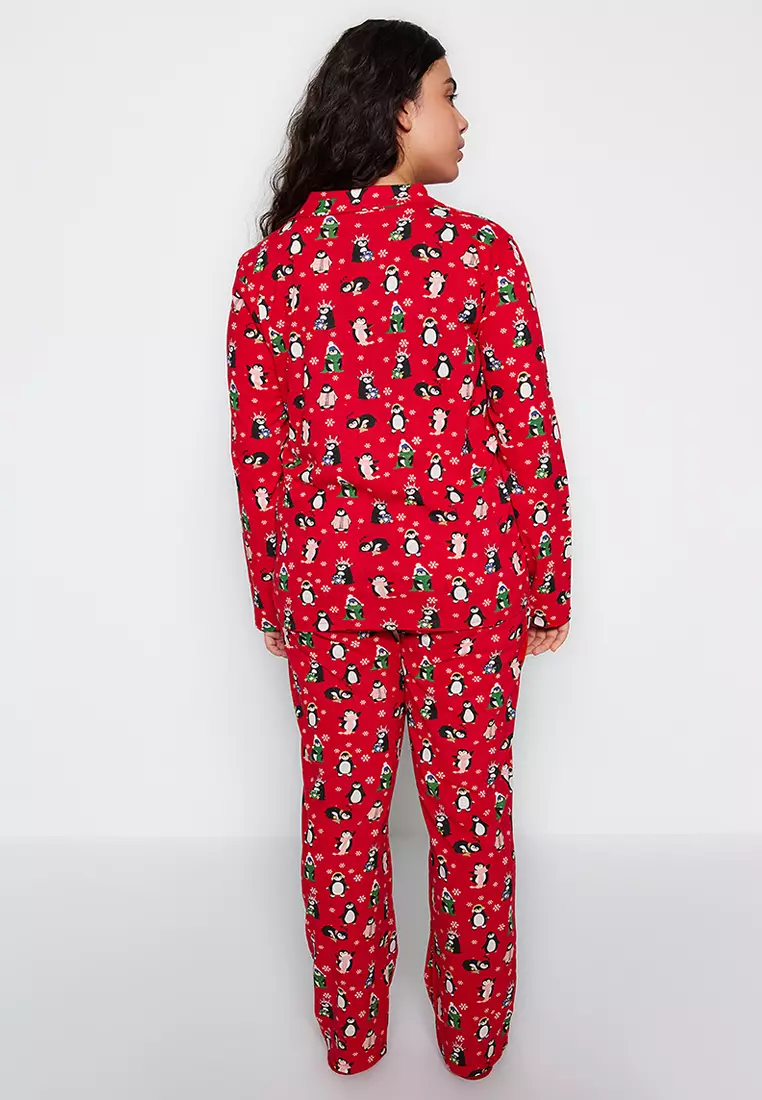 New Year's Themed Red Knitted Pajamas Set - Shirt Collar Tbbaw24Ai00002