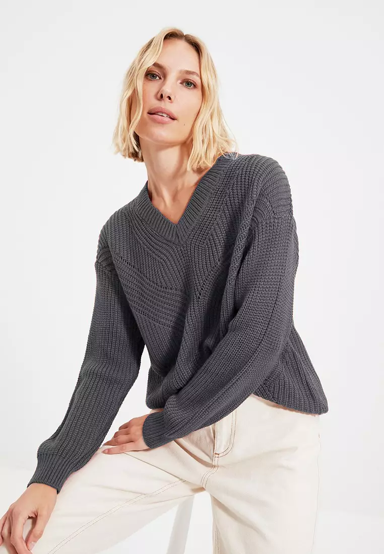 Anthracite Openwork/Perforated V Neck Knitwear Sweater
