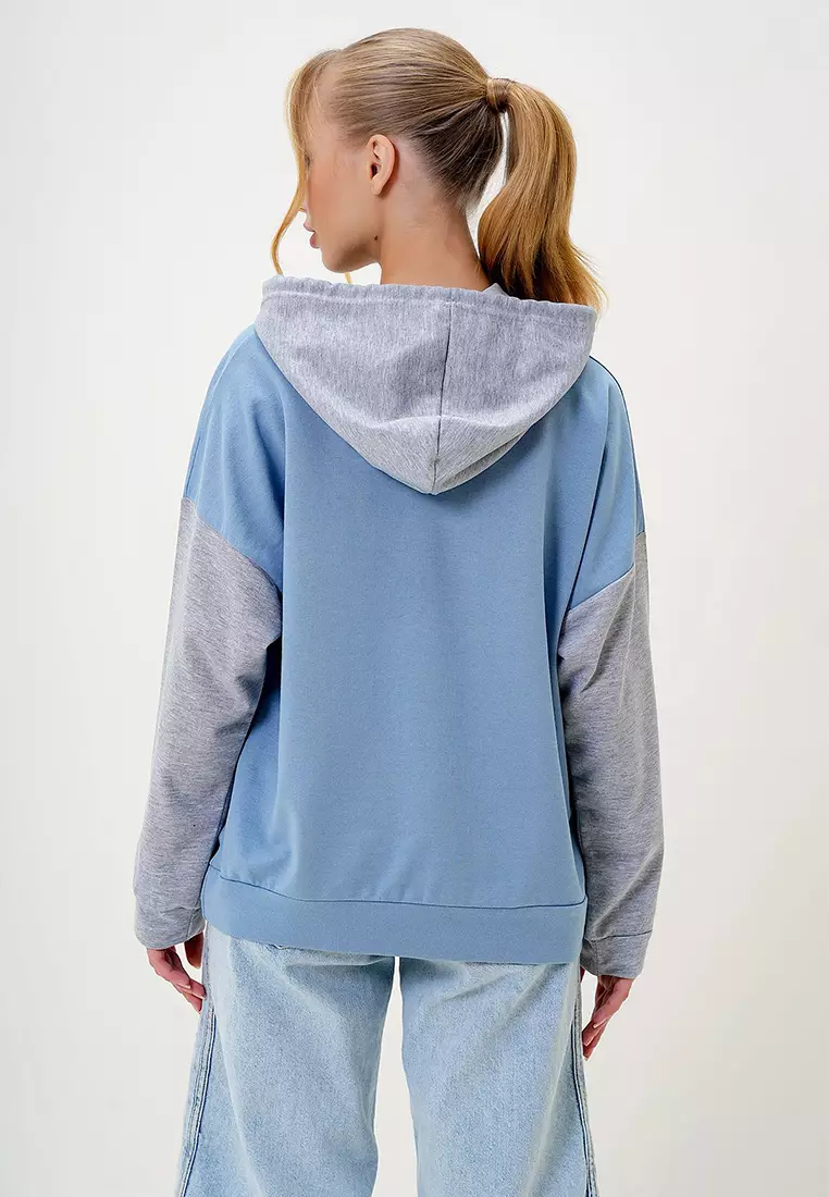 Women's Blue Inner Framed Color Block Oversized Hooded Sweatshirt Alc-X4977