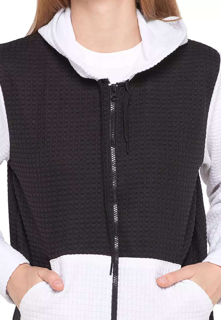 Hernie Long Hoodie Dual Tone Color Lengan Panjang Outerwear Atasan Wanita - Hitam