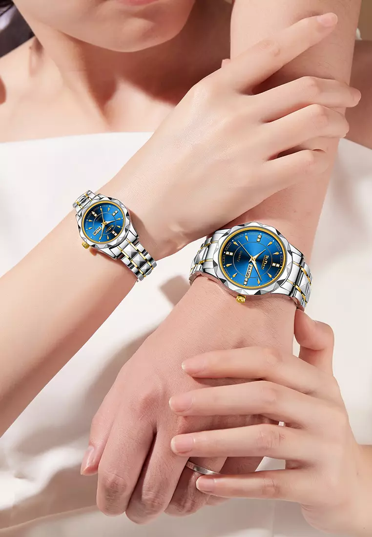 BIDEN Jam Tangan Couple Pasangan Anti Air Original Kalender Bercahaya Luminous Stainless Steel Analog Couple Watch Biru
